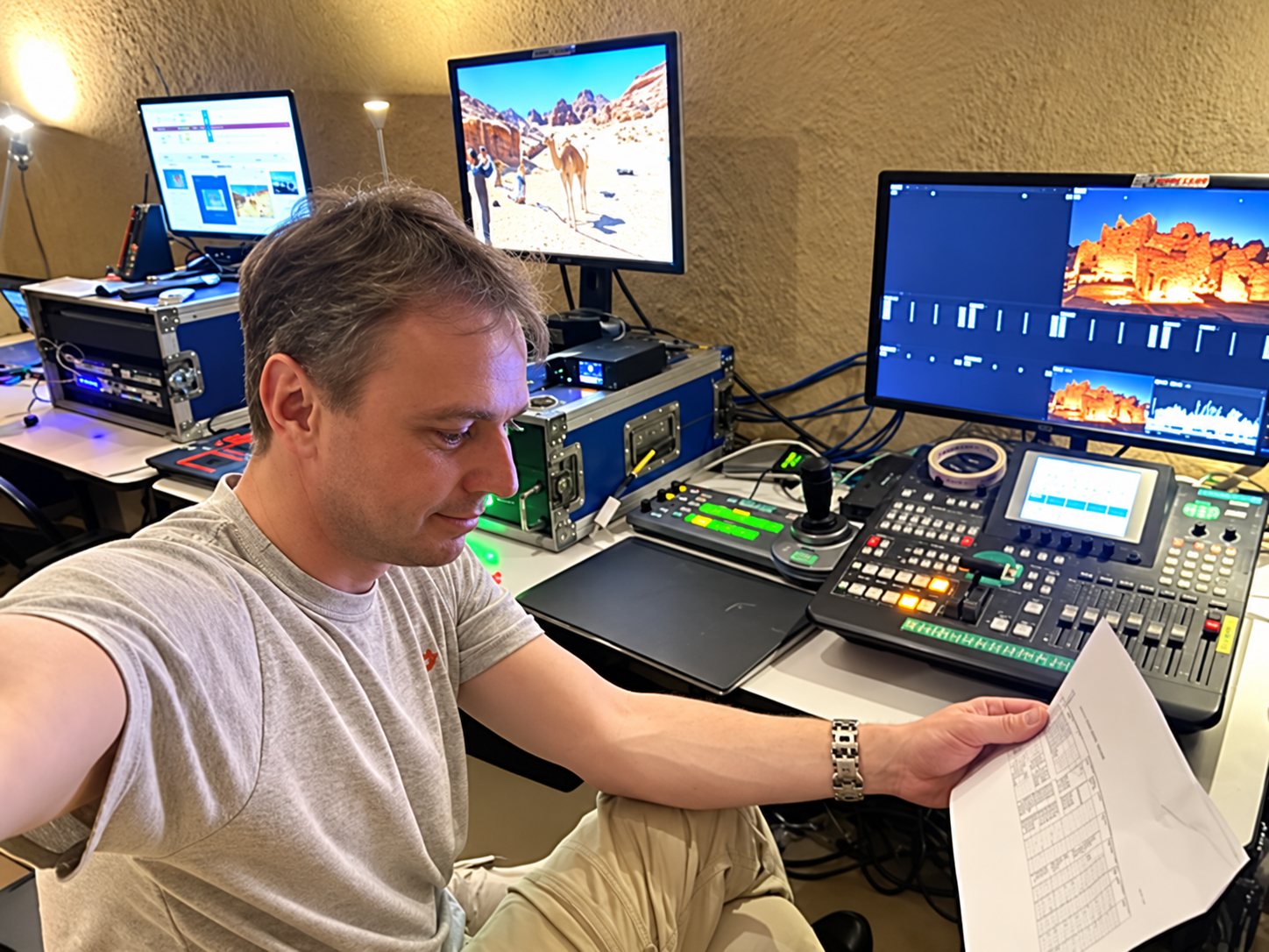 Un homme en t-shirt gris tient une feuille imprimée devant une console de mixage vidéo et plusieurs écrans affichant des paysages désertiques.